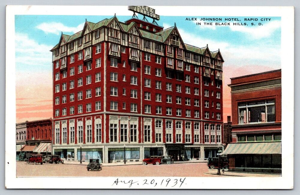 Alex Johnson Hotel Rapid City SD White Border Postcard 1934 Black Hills Cars